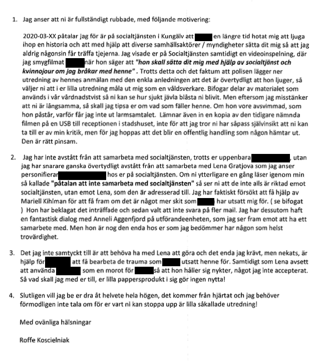 Dokumentbild: synpunkter på socialtjänstutredning, inskickad 2 december 2021 (anonymiserad)